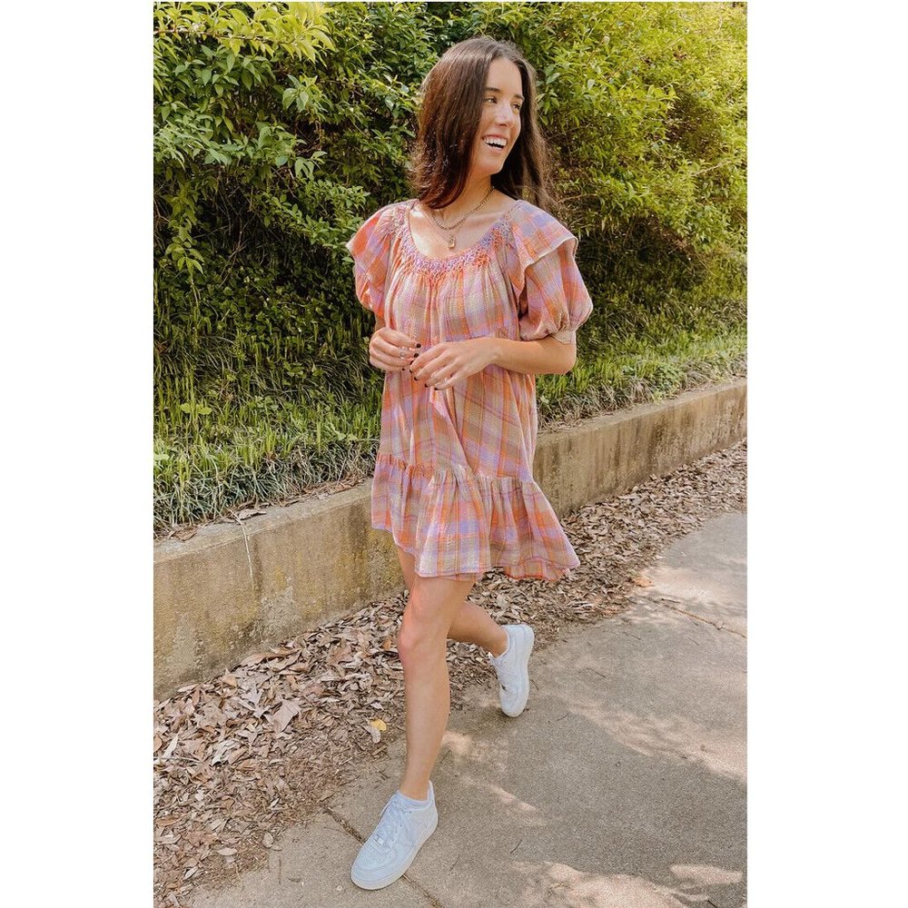 Free People Pink Orange Plaid Mini Dress